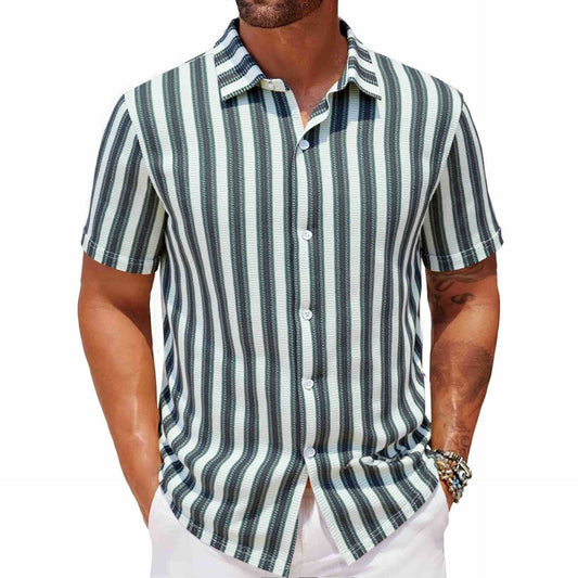 Herren Strand Casual Garngefärbtes gestreiftes kurzärmeliges Revershemd A0407